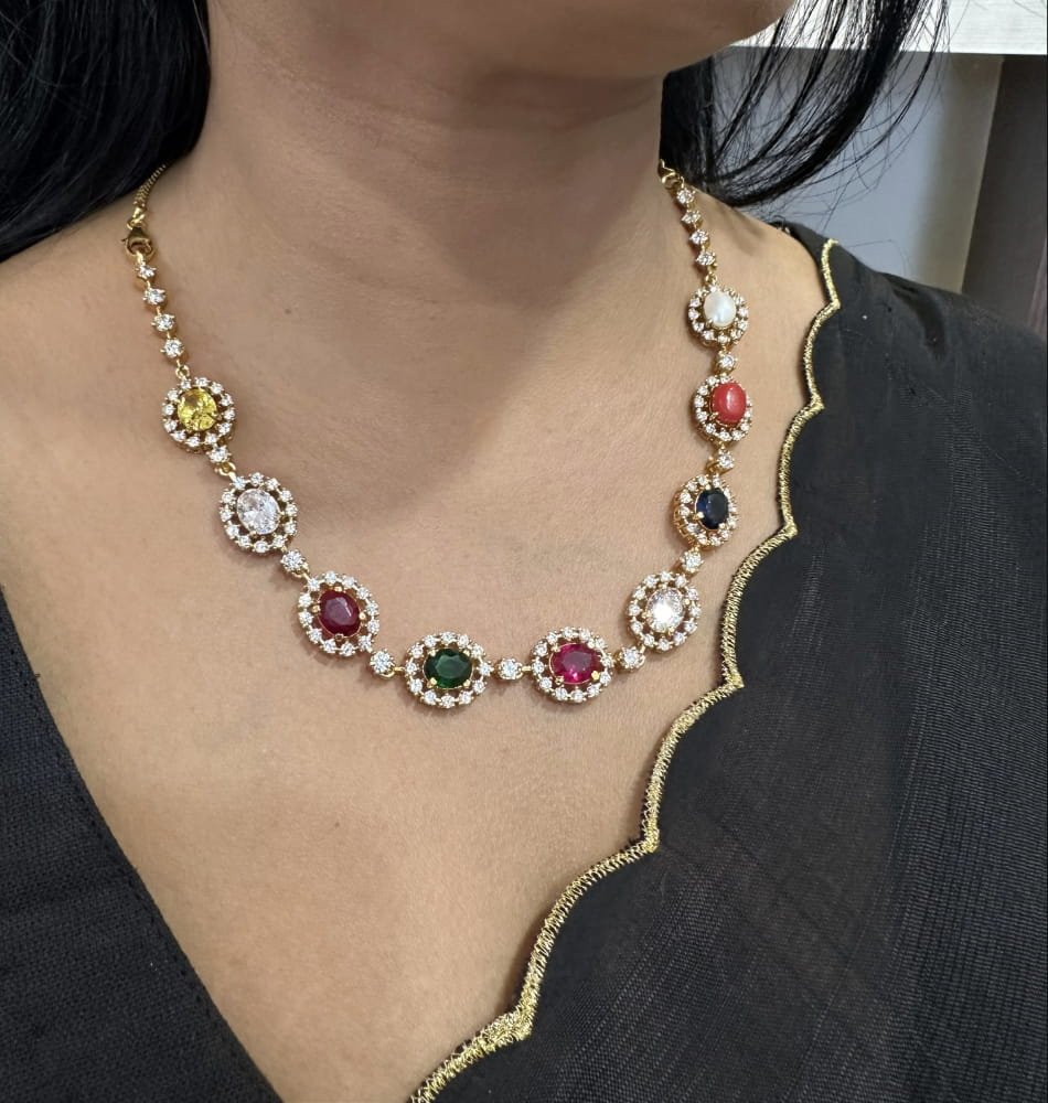 Navrathna CZ work stone necklace set Navrathna CZ work stone necklace set