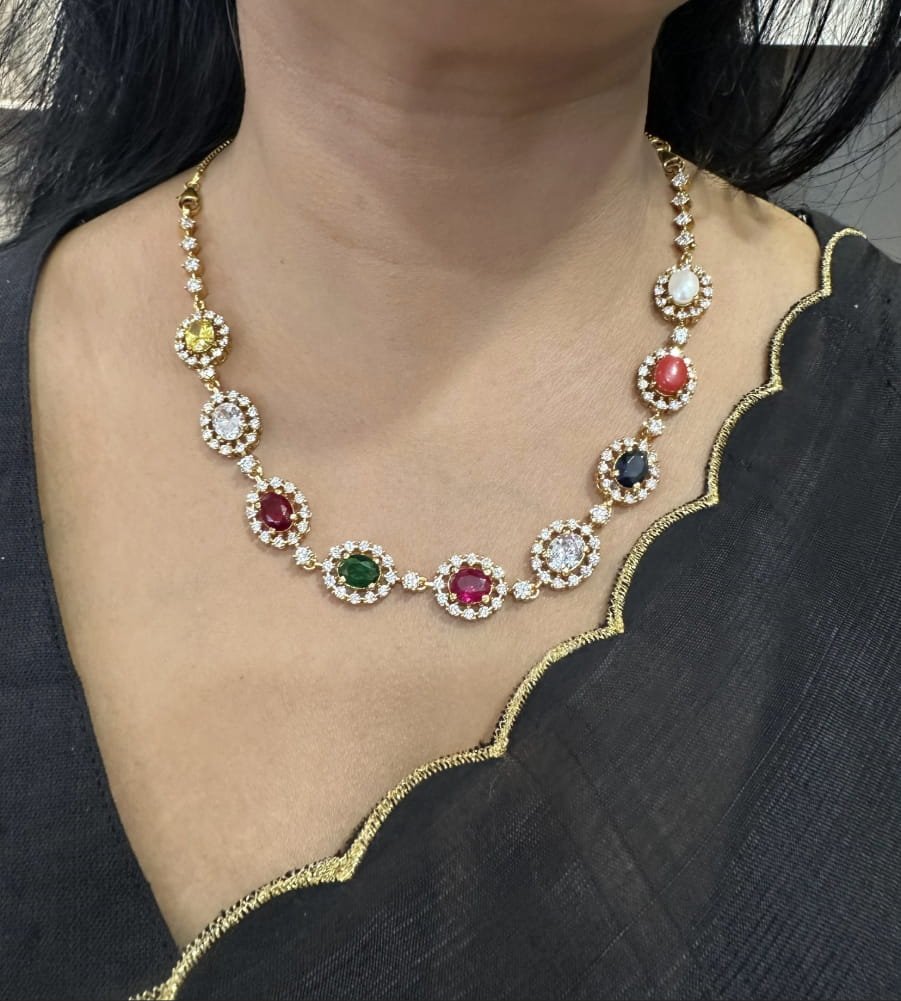 Navrathna CZ work stone necklace set Navrathna CZ work stone necklace set