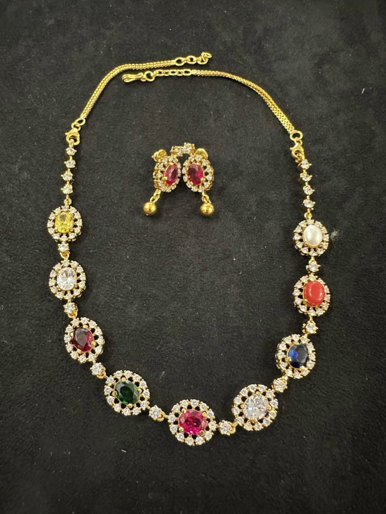 Navrathna CZ work stone necklace set Navrathna CZ work stone necklace set