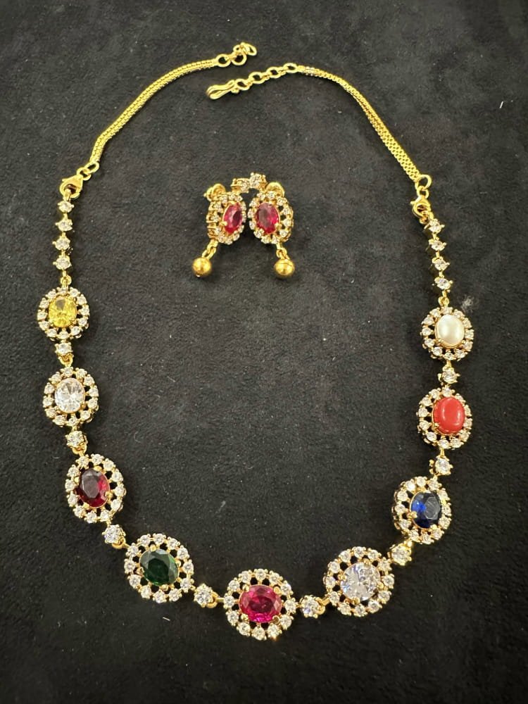 Navrathna CZ work stone necklace set Navrathna CZ work stone necklace set