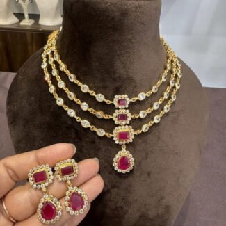 3 layer ruby white stone necklace set