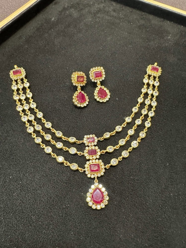 3 layer ruby white stone necklace set 3 layer ruby white stone necklace set