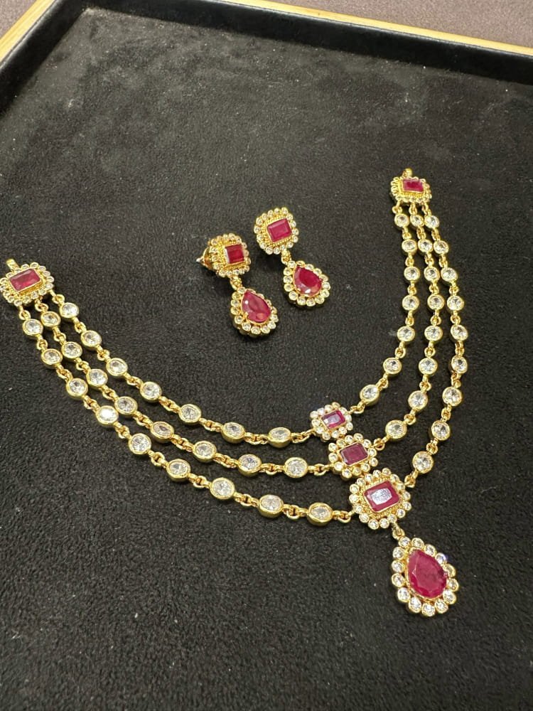 3 layer ruby white stone necklace set 3 layer ruby white stone necklace set