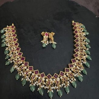 Ruby Stone Green Bead Necklace set
