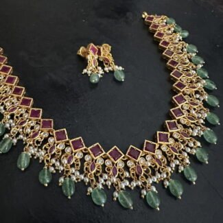 Ruby Stone Green Bead Necklace set